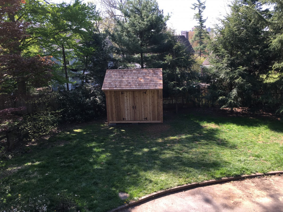 Glen Echo backyard shed plan 8x12 with cedar channel sidings seen from the front. ID number 5606-4