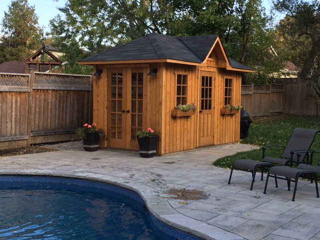 sonoma pool house design 7x14 in a backyard with french double doors