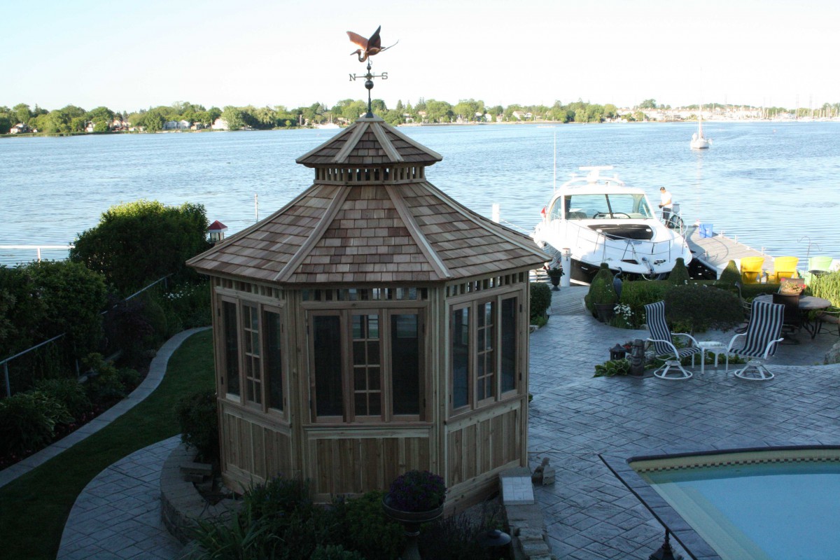 San cristobal gazebo design 11' beside a lake with stained finish seen from top. ID number 2965-1.