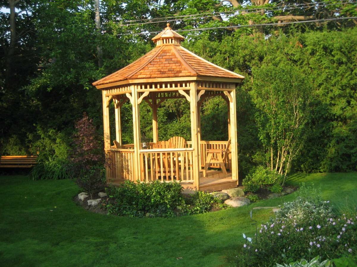 Monterey gazebo design 10' beside pool with stained finish seen from front .ID number 2721-3.