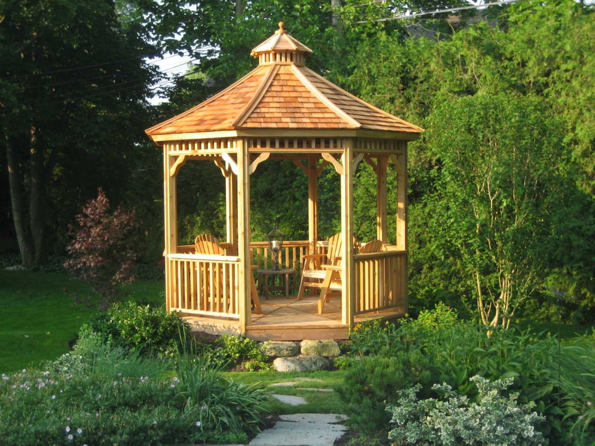 Monterey gazebo design 10' beside pool with stained finish seen from front .ID number 2721-2.