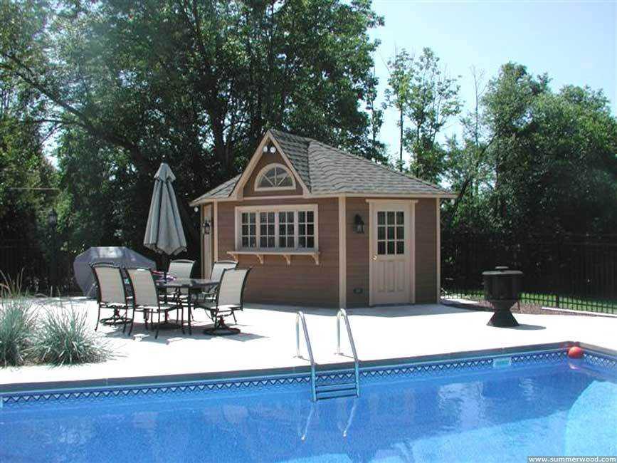 Catalina pool cabana design 14 ft with a medium bifold window by a poolside seen from the front. ID number 3306-2. poolside catalina pool cabana design front 3306-2
