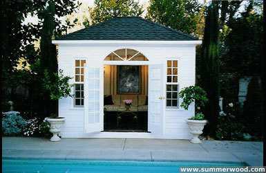 Sonoma pool cabana design 10 x 12 with French double doors in a backyard seen from the front. ID number 3302-5.