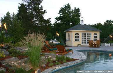 Sonoma pool cabana design 12 x 16 with a wimdowed cupola by a poolside seen from the far. ID number 3308-3.