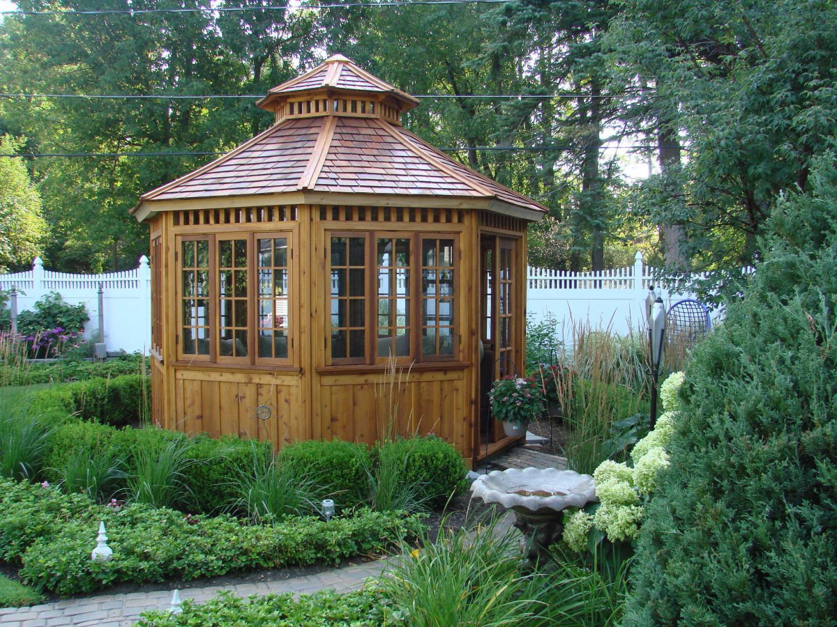 San cristobal hot tub gazebo plan 12' in driveway with cedar shingles seen from left.ID number 3091-6.