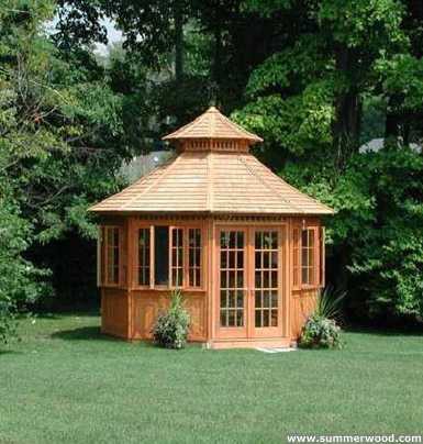 San cristobal gazebo design 14' in backyard with stained finish seen from left.ID number 3418-2.