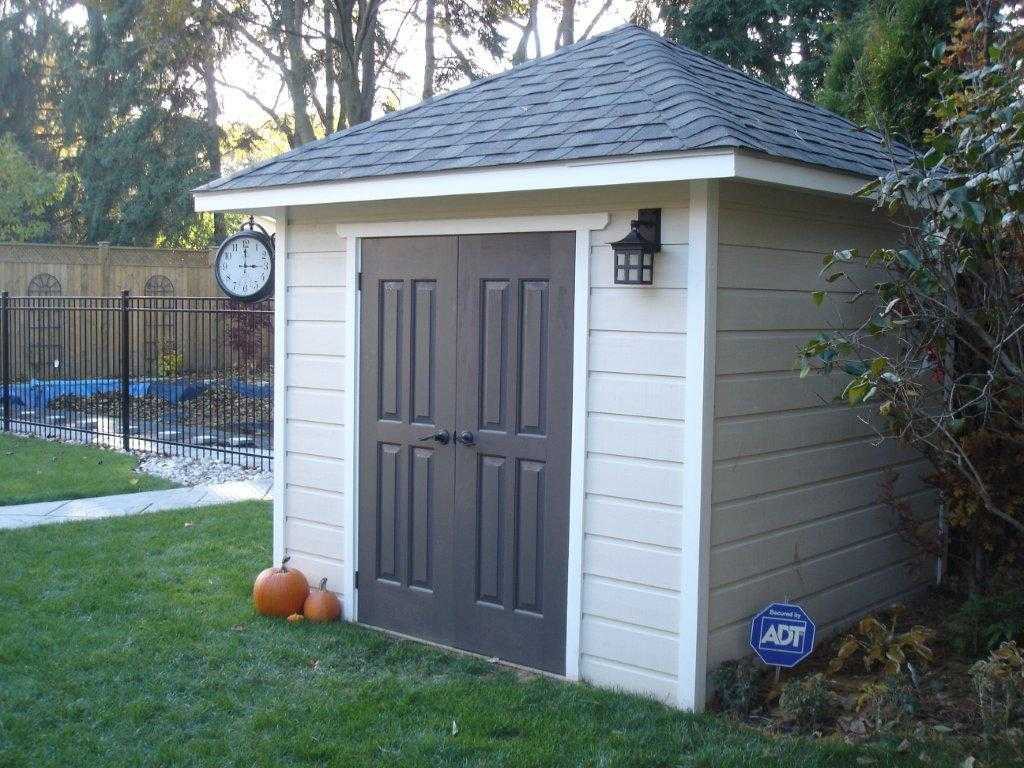 Sonoma shed plan 8 x 8 backyard studio design with a double solid deluxe door seen from the right. ID number 2992-1