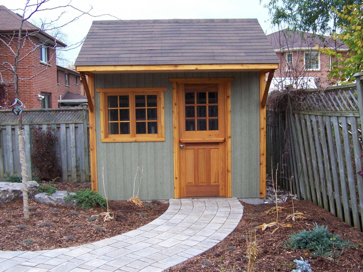 Glen echo shed plan 8 x 10 with beautiful surroundings in a backyard seen from the front. ID number 3006-5.