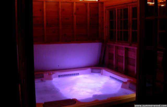 Sojo hot tub enclosure plan 10  x  12 in yard with window screens seen from inside.ID number 3343-1.