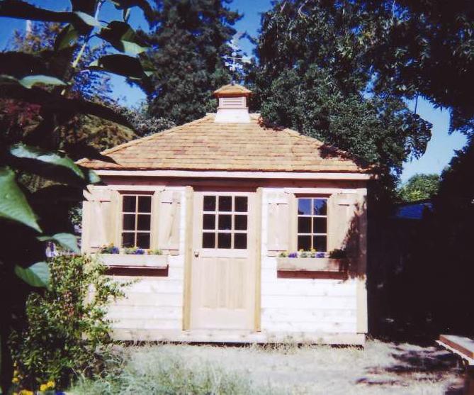 Sonoma Shed plan 10x12 with cedar channel siding seen from the front. ID number 4456-1