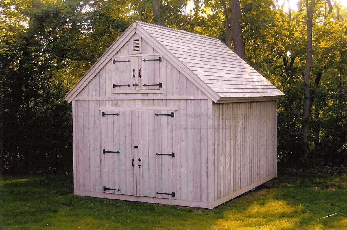 Cedar telluride shed design 12x16 with double doors lean to backyard as seen from the front. ID number 3232-19.