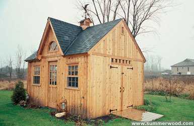 Telluride shed design 12x16 with double french doors seen from the right. Id number 3494-4