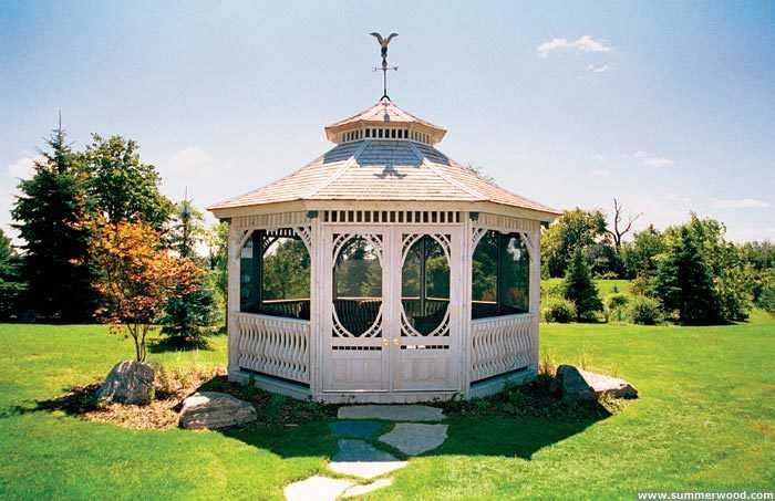Victorian gazebo design 16' in outdoor with weathervanes seen from front.ID number 3440-4.