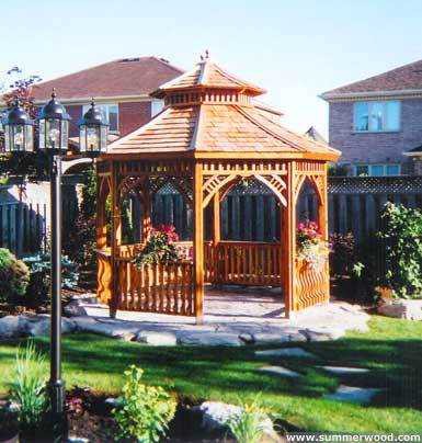 Victorian gazebo design 10' in a garden with omit floor  seen from front.ID number 3437-1.
