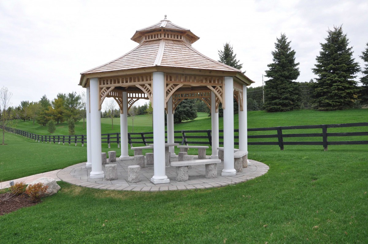 Victorian gazebo plan 14' in outdoor with floors seen from front.ID number 3424-3.