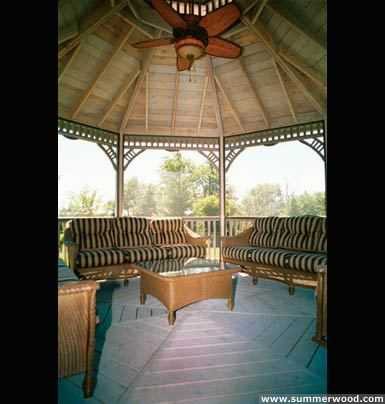 Victorian gazebo design 16' in outdoor with weathervanes seen from inside.ID number 3440-2.
