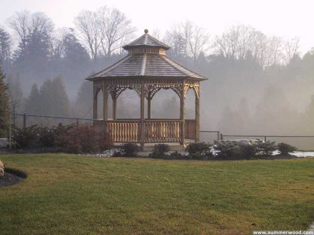 Victorian gazebo design 12ft with Victorian spandrel by the outdoor a as seen from the side. ID number 3148.