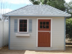 Sonoma garden shed idea 8x12 with a deluxe Dutch single door and two traditional flower boxes seen from the front1. ID number 5608-1