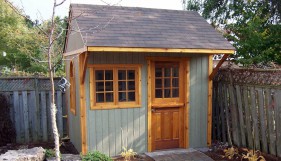 Glen echo shed plan 8 x 10 with beautiful surroundings in a backyard seen from the left side. ID number 3006-2.