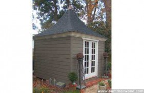 Melbourne shed plan 10 x 10 in a backyard with black finial seen from the far. ID number 1999-3