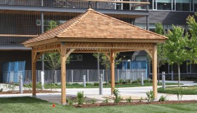 Montpellier gazebo design 14  x  14 in outdoor with stained finish seen from front.ID number 3404-2.