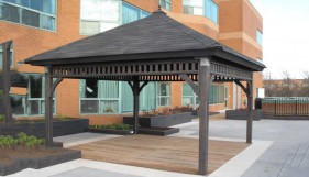 Montepellier gazebo plan 14  x  14 in outdoor with pavilion upright brackets seen from right.ID number 3406-1.