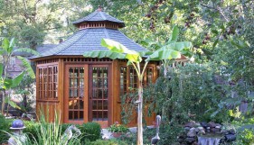 Cedar San Cristobal hot tub gazebo plan 14ft in in the outdoor seen from the front. ID number 2779-210.