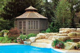 Cedar San Cristobel pool cabana design 12x16 with double doors in a backyard seen from the right. ID number 3047-104.