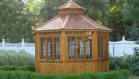 San cristobal hot tub gazebo plan 12' in driveway with cedar shingles seen from left.ID number 3091-7.