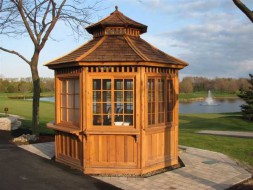 San cristobal gazebo design 10' beside a lake with cedar shingles seen from front.ID number 3416-2.