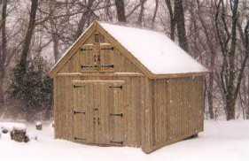 Cedar telluride shed design 12x16 with double doors lean to backyard as seen from the front. ID number 3232-19.