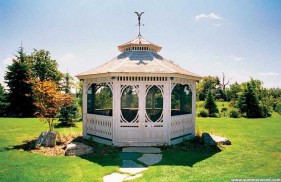 Victorian gazebo design 16' in outdoor with weathervanes seen from front.ID number 3440-1.