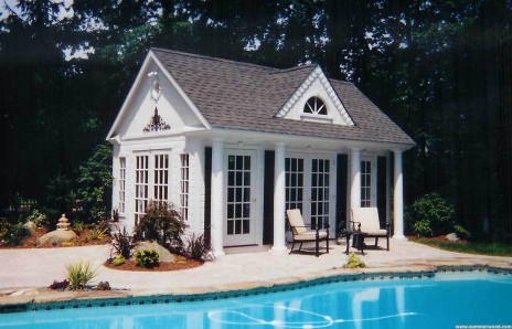 Windsor pool house design by a poolside with french doors all around seen from the left side-2. ID number 5550-1