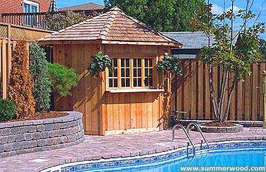 Catalina pool house plan 8 ft with a deluxe single door by a pool seen from the left.  ID number 3296-1.