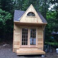 Bala Bunkie cabin design 10x10 with French Double Doors in a backyard. ID number 5626-1