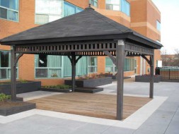 Montepellier gazebo plan 14  x  14 in outdoor with pavilion upright brackets seen from right.ID number 3406-1.