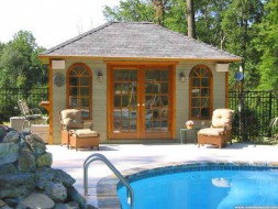 Sonoma pool cabana design 5 x 10 with pane arched windows by a poolside seen from the front. ID number 3300-2.