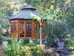 Cedar San Cristobal hot tub gazebo plan 14ft in in the outdoor seen from the front. ID number 2779-210.