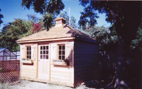 Sonoma Shed plan 10x12 with cedar channel siding seen from the right. ID number 4456-2
